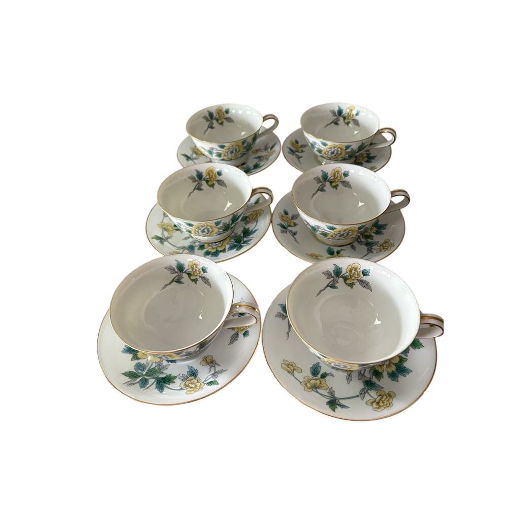 Vintage Rose China Japan Tea Cups & Saucers Set 6 Yellow Floral Gold Trim